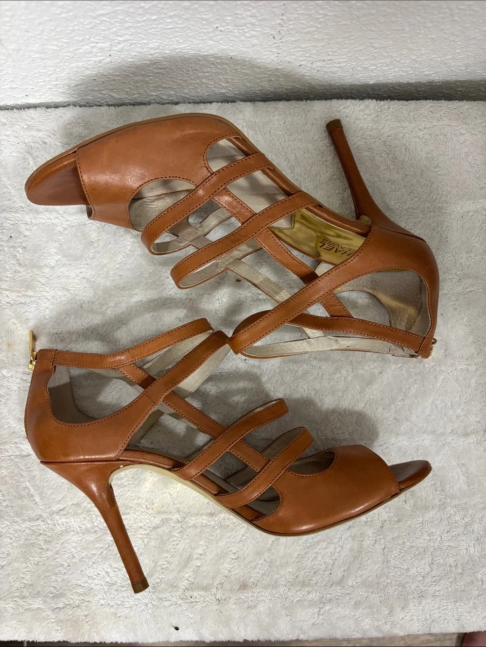 MICHAEL Michael Kors Cognac Leather Strappy Peep Toe Heels Size 9.5M